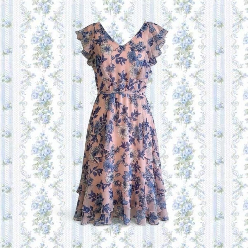 Tommy Hilfiger Women's 14P Pink blue floral print midi dress with ruffle sleeves